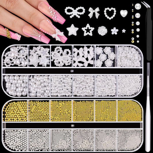 2 Boxes Flatback Pearls (White) and Metal Nail Beads (Silver+Gold) for Acrylic Nail Tips Manicure Decor
