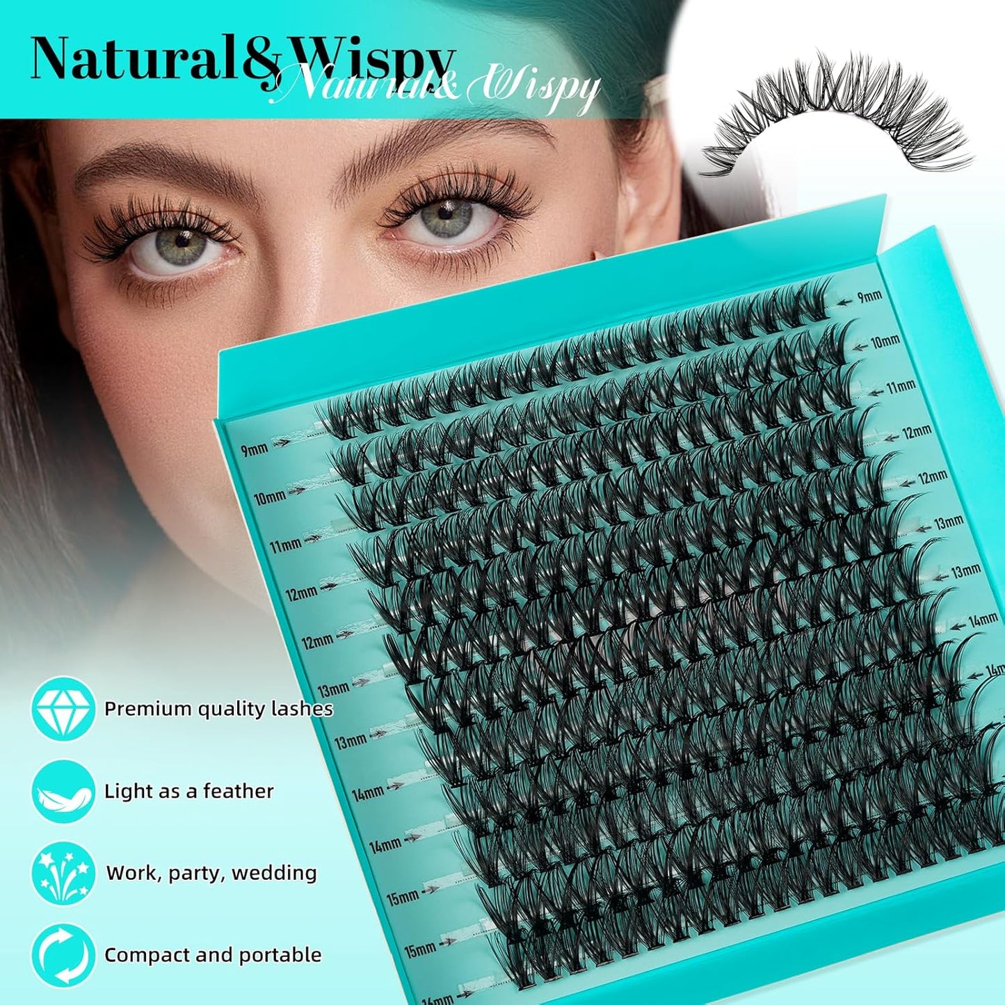 Lash Clusters 240pcs Eyelashes Cluster Individual Wispy Lashes Thin Band for D Curl Lash Extension Eyelashes for Beginners at Home,False Eyelashes Soft Eyelash Clusters(30D,D-Mix9-16mm)