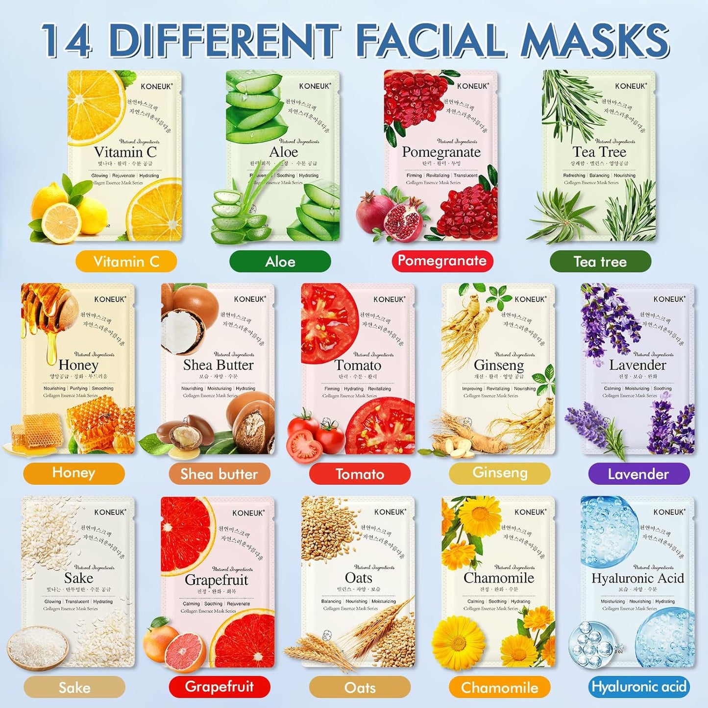 14 Pack Sheet Face Masks Skincare, Hydrating Face Masks Suitable for Dry Skin, Bulk Facial Mask Set for Women Skin Care, Face Mask Gifts Set for Face Spa