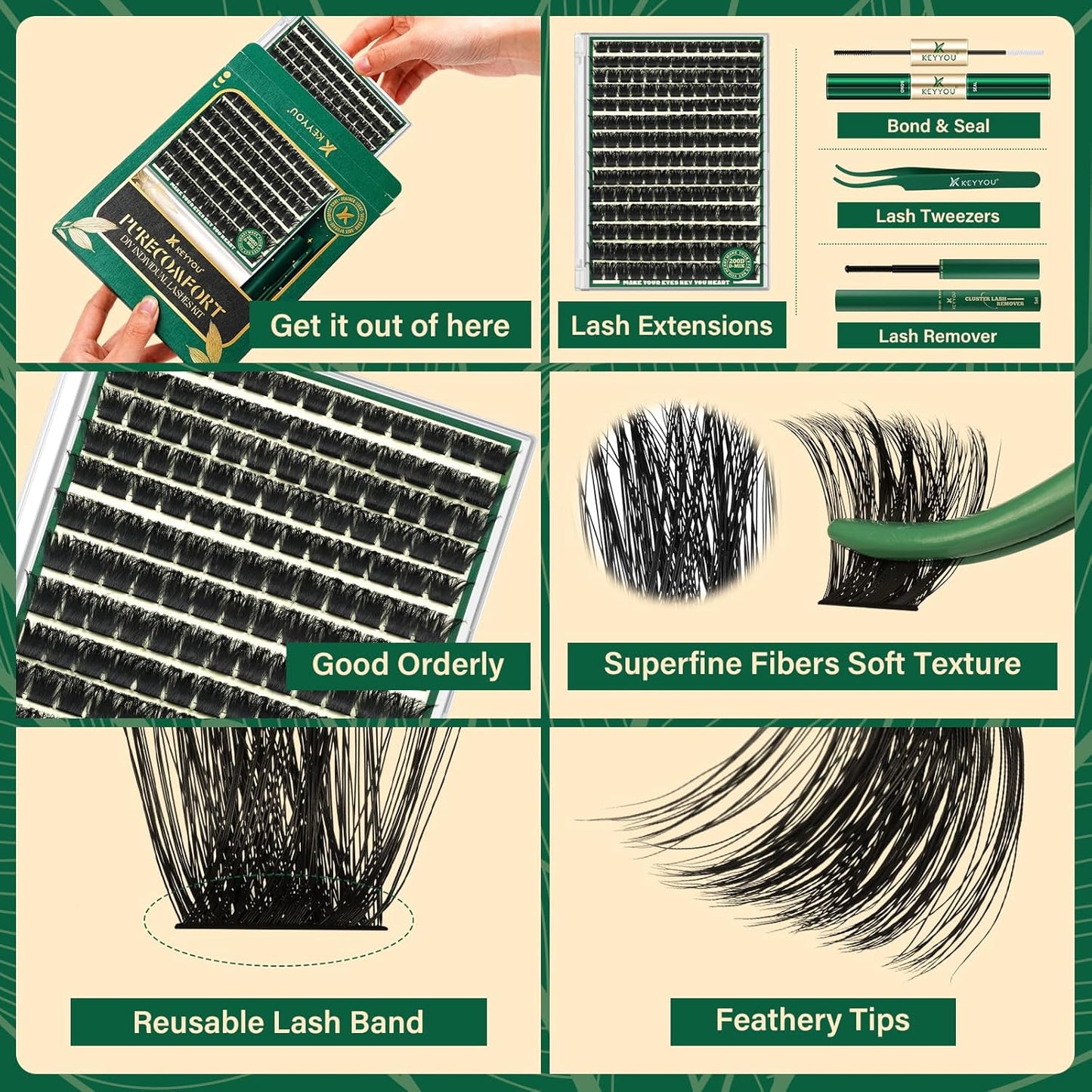 KEYYOU Lash Clusters Kit 182pcs Thick Volume Lash clusters 200D D Curl Wispy Easy to Apply with Lash Bond and Seal Lash Applicator Lash Remover Lash Extension Kit at Home(RMkit-200D-D-10-18mix)