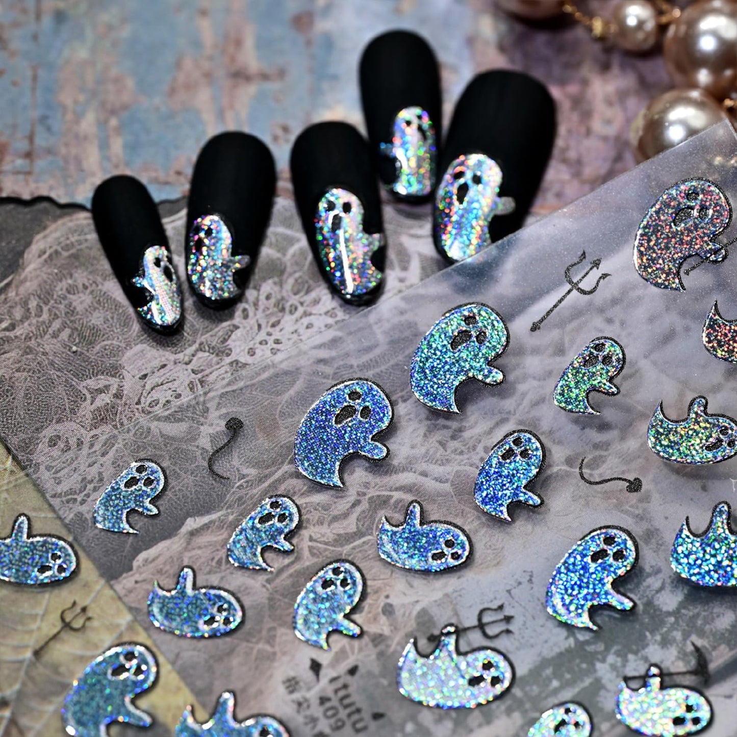 Halloween Nail Stickers for Nail Art Colorful Glitter Silver Cute Ghost Nail Art Stickers 5D Embossed Nail Decals 3D Self-Adhesive Nails Supply Manicure Sliders for Nails Decoration