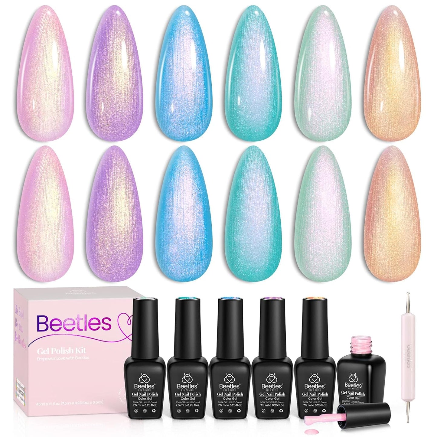 Beetles Pearl Gel Polish, 6 Colors Shimmer Glitter Nail Polish Pink Purple Orange Mermaid Nail Drawing Nail Gel Dreamy Carousel Soak Off Uv Swirl Shell Thread Effect DIY Manicure Gift for Women