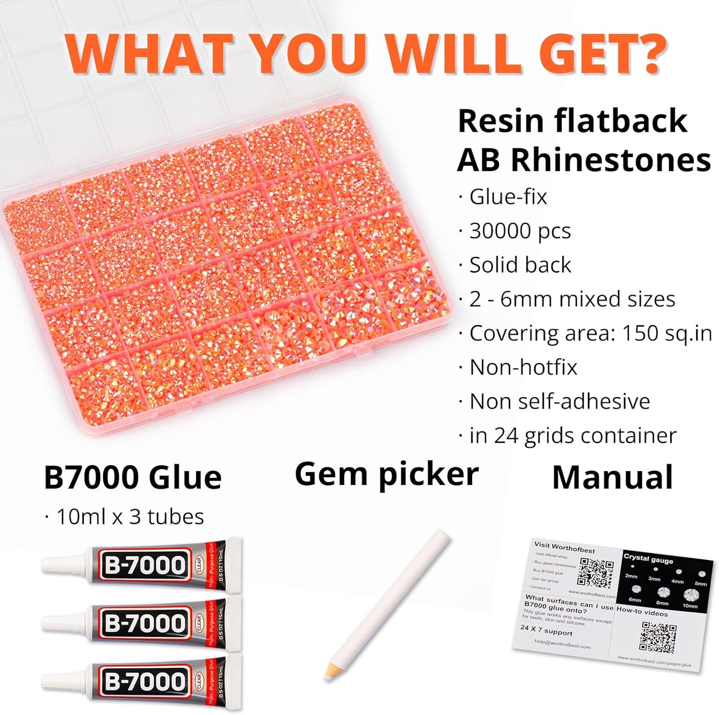 30000Pcs Resin Jelly Rhinestones Set for Crafting Bedazzling, Neon Orange AB Flatback Gems Jewels for Crafts Clothes Shoes Fabric Outfit Nails Makeup, Flat Back Crystal 2-6mm with b 7000 Glue
