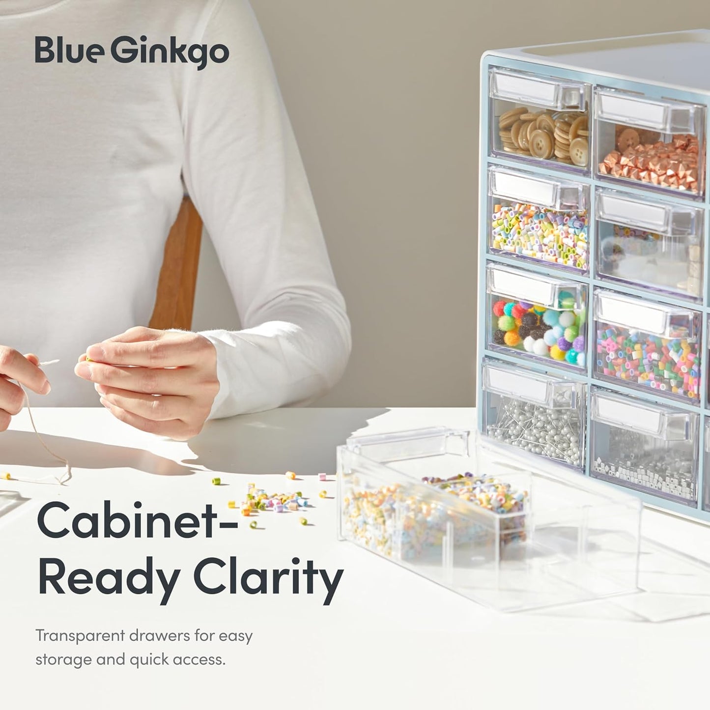 Blue Ginkgo Medium 16-Drawer Cabinet – Stackable Clear Organizer for Hardware, Beads, Plastic Bricks, Office, and Craft Storage (Made in Korea, Yellow)