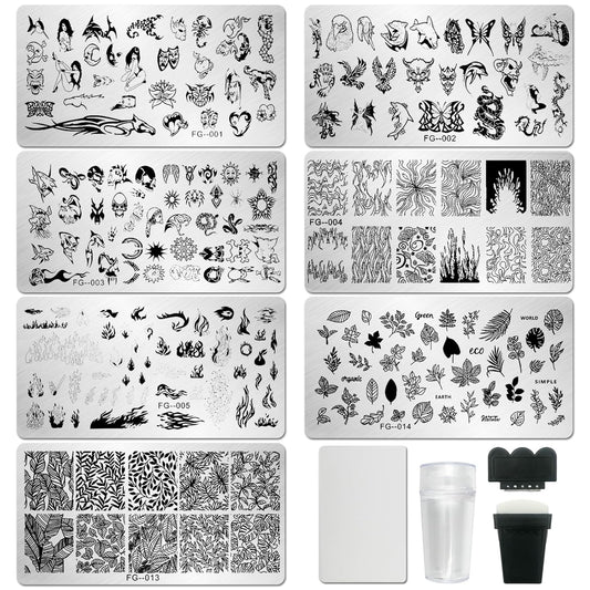 AddFavor Nail Stamper Kit 7pcs Nail Stamping Plates Flower Animal Flame Leaves Image Nail Stencils with 2 Stamp and 2 Scraper for Home Salon Manicure Design Supplies Tools