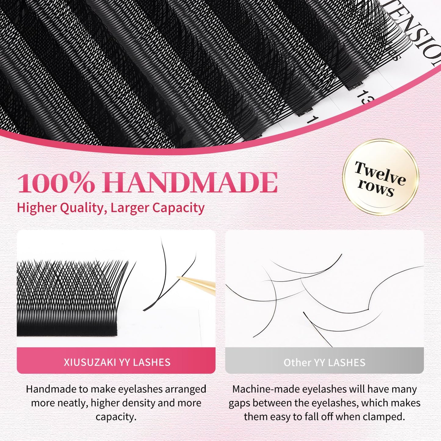YY Lash Extensions Supplies Y Eyelash Extensions 0.05mm Thickness C Curl 12mm Premade Fans 4D Russian Volume Matte Black 12 Rows Crisscross Eye Lashes(YY-0.05-C,12mm)