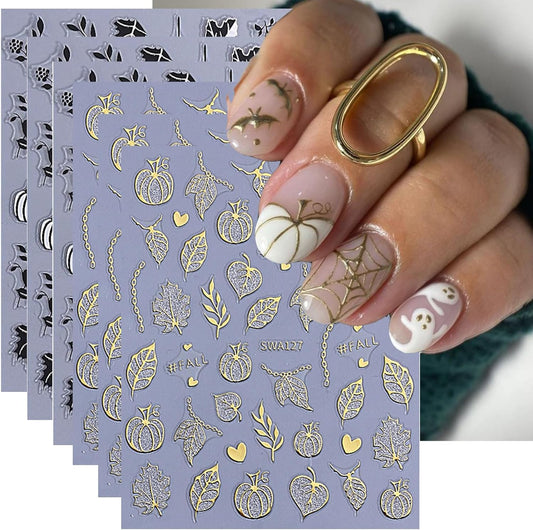6 Sheets Fall Nail Stickers for Nail Art Halloween Pumpkin Maple Leaf Nail Stickers 3D Self-Adhesive Gold Black Maple Leaf Heart Nail Decals Autumn Maple Leaves Nails Design Leaf Sticker for Women