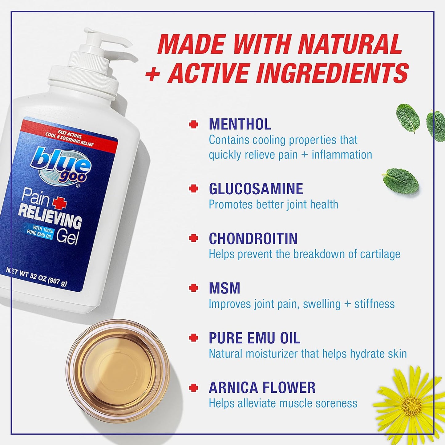 Blue Goo Pain Relieving Gel – for Back/Neck, Muscle/Stiff Joints Pain, Sprains, Strains, Fast-Acting, Cooling+Soothing Relief, Made w/ 100% Pure Emu Oil, 32 oz (2 Pack)