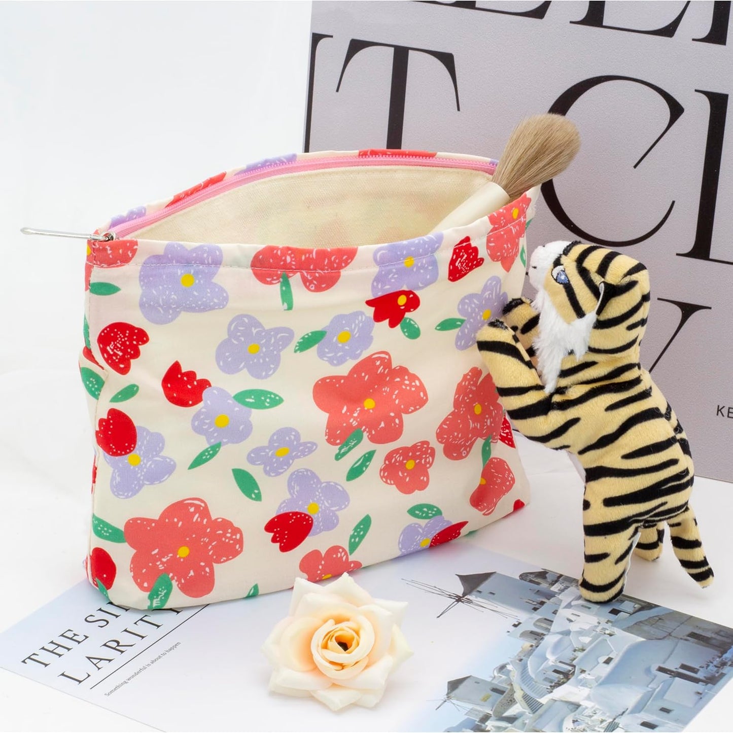 Floral Makeup Bag Large Cotton Zipper Pouch for Purse Travel Canvas Make Up Organizer for Women Cosmetic,Flower Pink