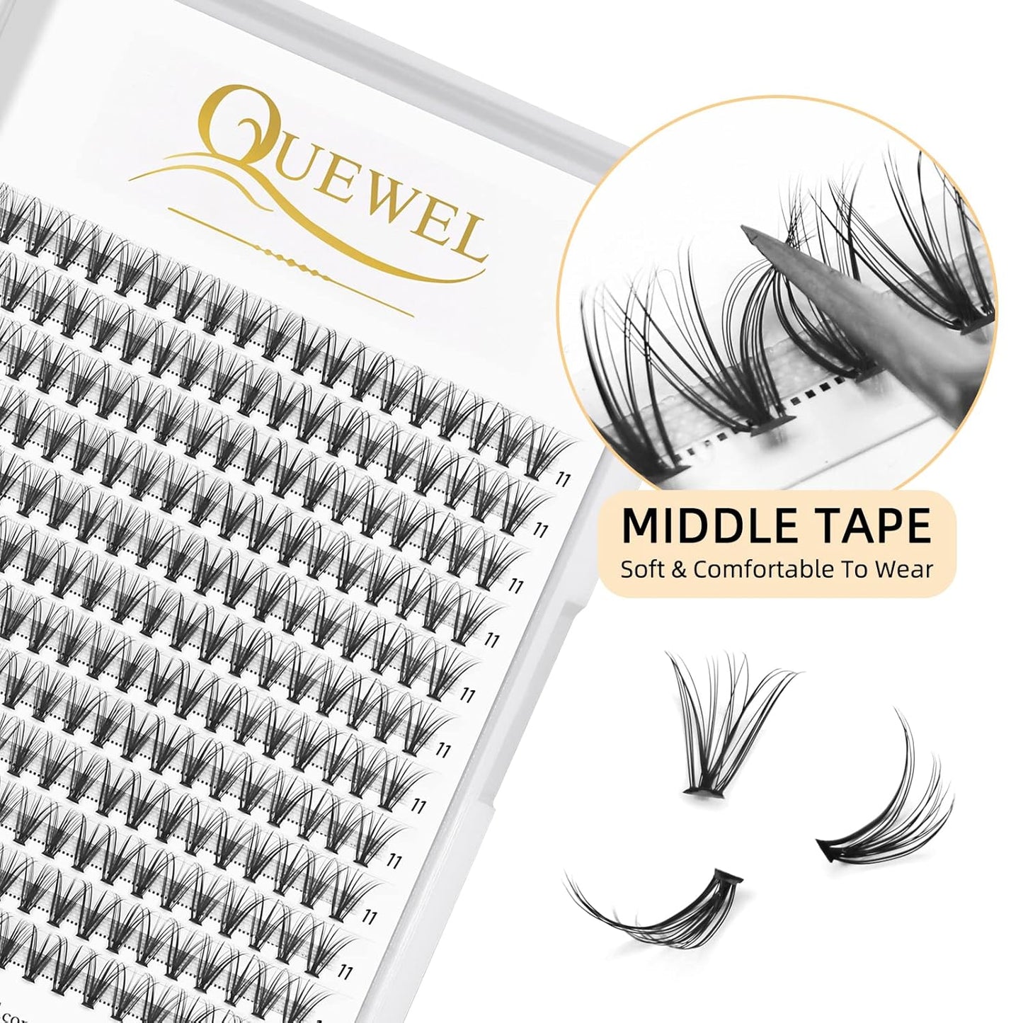 QUEWEL Cluster Lashes 240Pcs Individual Lashes 20D 0.07C Curl 11mm Knot-Free Lash Extensions Clusters Lashes Soft&Natural False Eyelashes Individual DIY Eyelash Extension at Home(20D 0.07C 11)