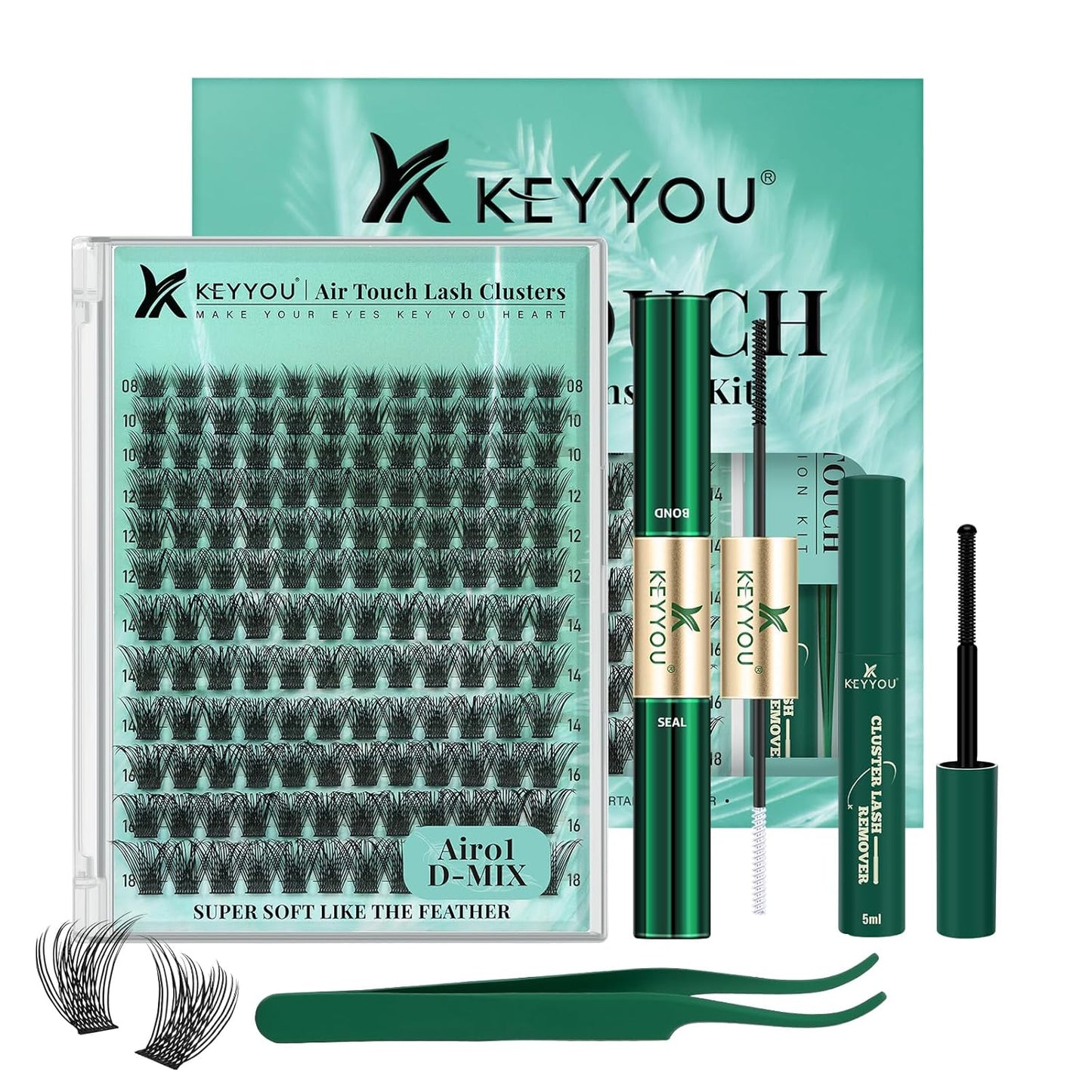 KEYYOU Lash Extension Kit 144pcs Air Touch Lash Clusters with Bond and Seal Lash Applicator Remover D Curl DIY Eyelash Extension Kit Easy to Apply at Home(Air01Kit-D-8-18Mix)