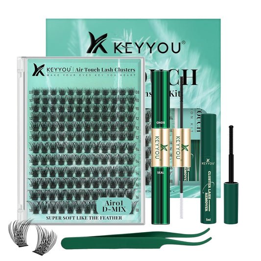 KEYYOU Lash Extension Kit 144pcs Air Touch Lash Clusters with Bond and Seal Lash Applicator Remover D Curl DIY Eyelash Extension Kit Easy to Apply at Home(Air01Kit-D-8-18Mix)