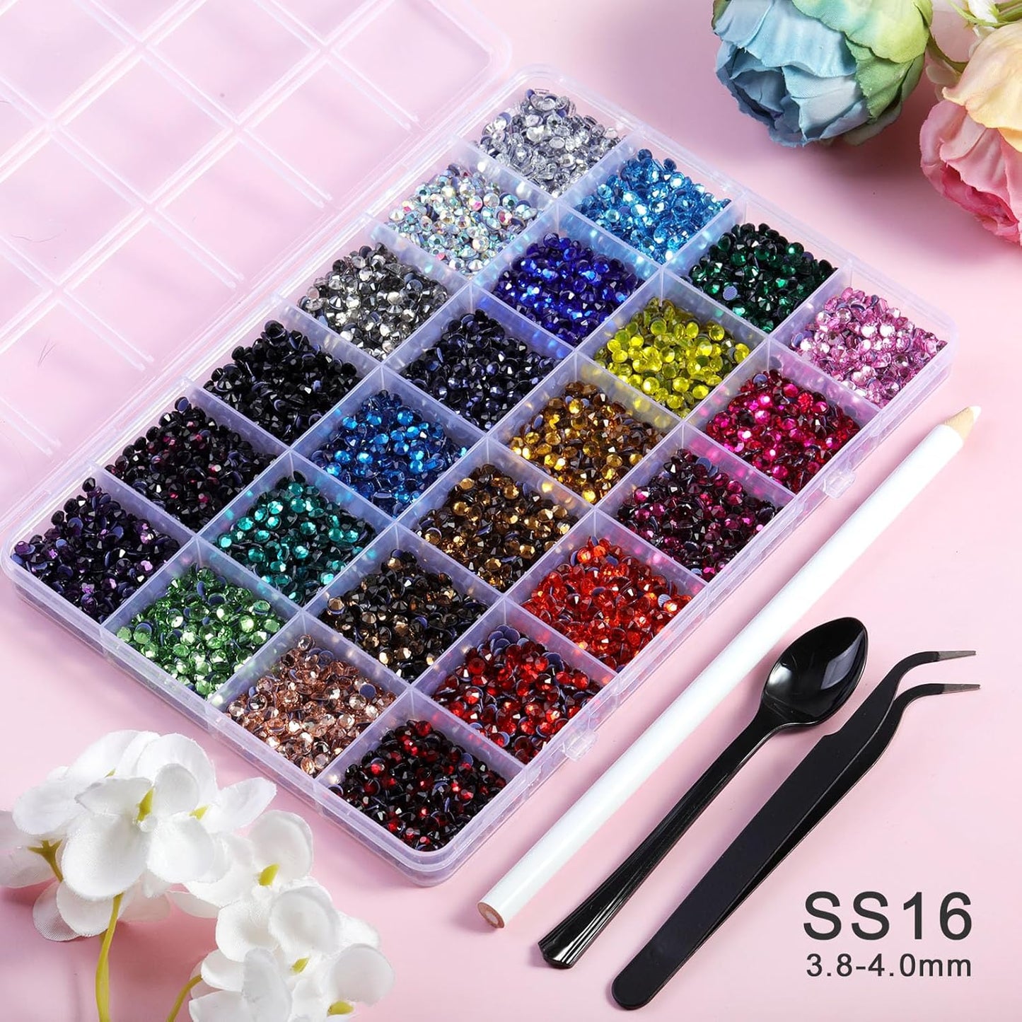 Hotfix Rhinestones Mixed 24 Colors, SS16 Rhinestones for Crafts Clothes, Hotfix Crystals with 1 Tweezers, 1 Wax Pencil and 1 Spoon