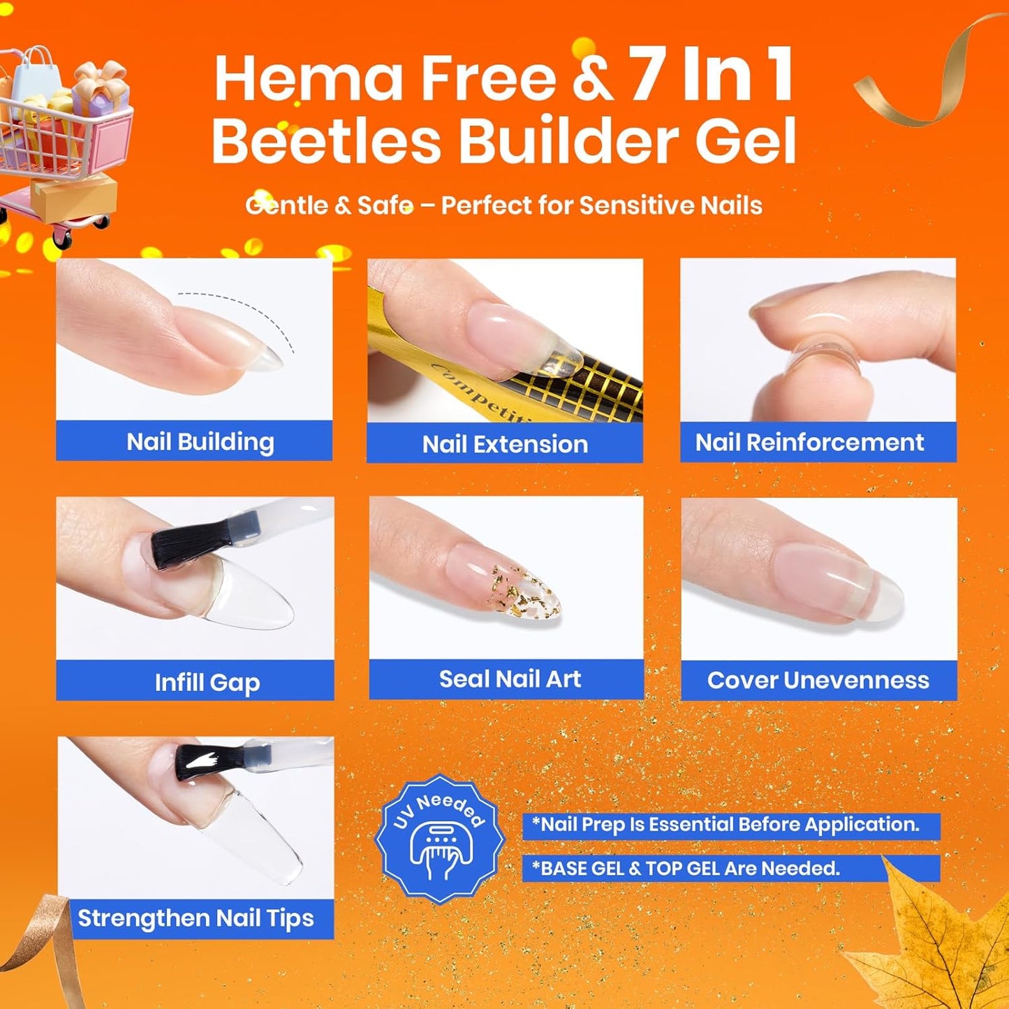 Beetles Builder Gel for Nails HEMA-Free,2 Colors 7 in 1 Clear & Nude Strengthener Gel for Building Nail Apex & Extension LED Lamp Cured Sensitive Nails Friendly for Beginners & DIY Fall Nails Salon