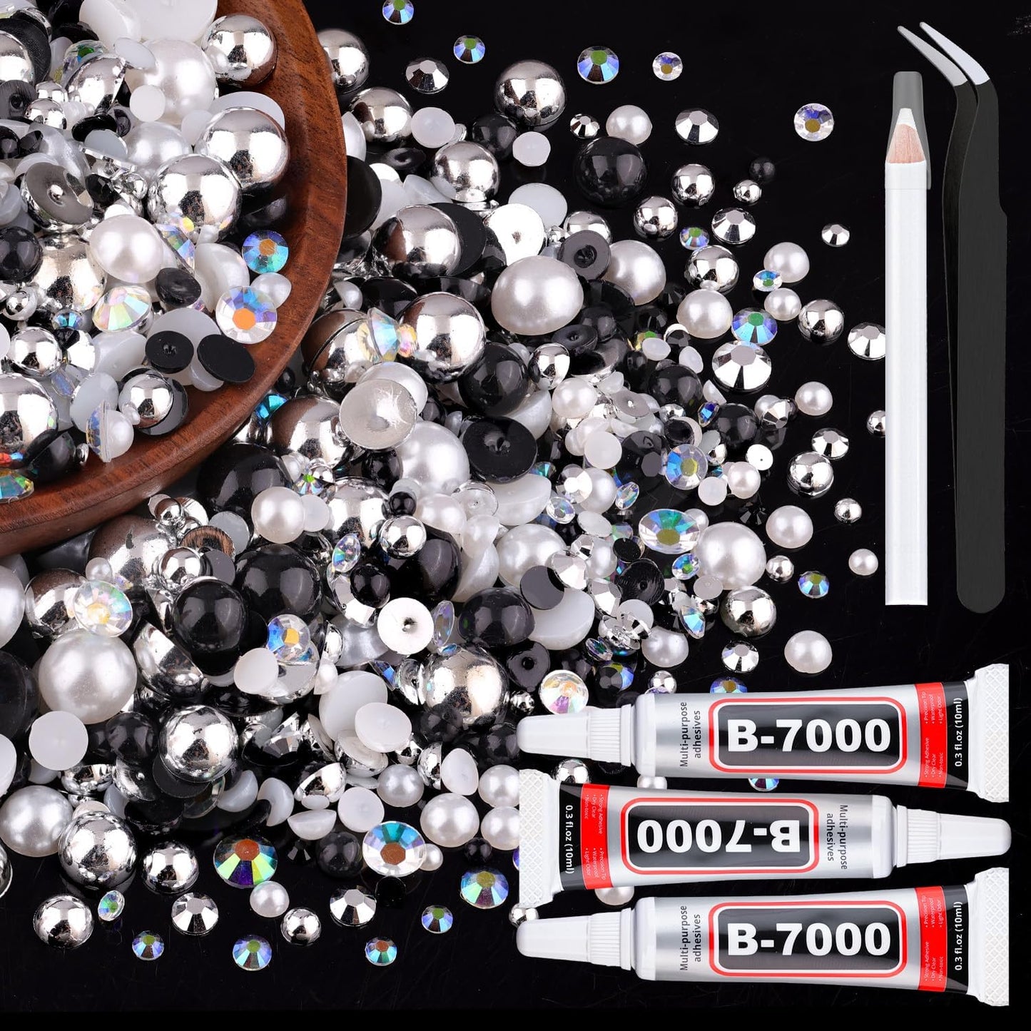 80g Flatback Pearls and Rhinestones for Crafting, Black White 3-10mm Resin Rhinestones and Half Pearls for Bedazzling, Nail Art and Dec with 3pcs 10ml B7000 Jewelry Glue, Tweezer and Pickup Pencil