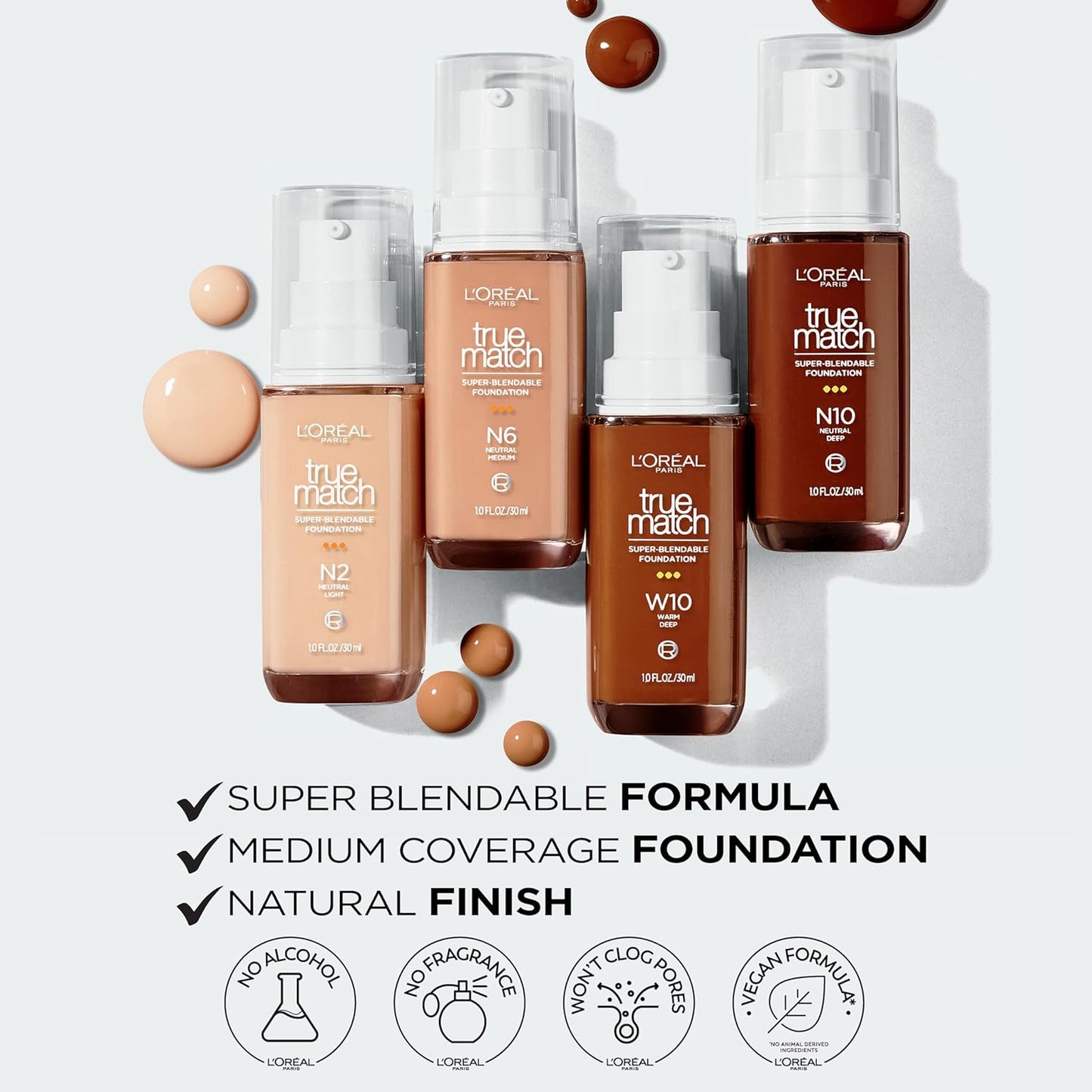 L'Oreal Paris True Match Super-Blendable Foundation, Medium Coverage Liquid Foundation Makeup, W5.5, Medium, 1 Fl Oz