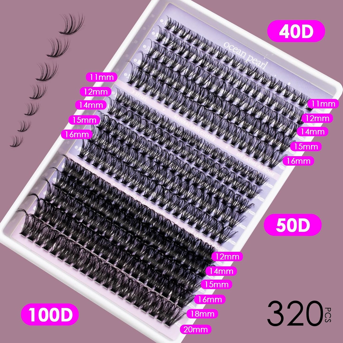 Ocean Pearl Lash Clusters 320PCS 11-20mm Lash Extension Kit 40D+50D+100D Eyelash Extension Kit Individual Lashes Thick Eyelash Clusters Lashes Clusters with Eyelashes Bond+Seal+Remover+Tweezer-100D