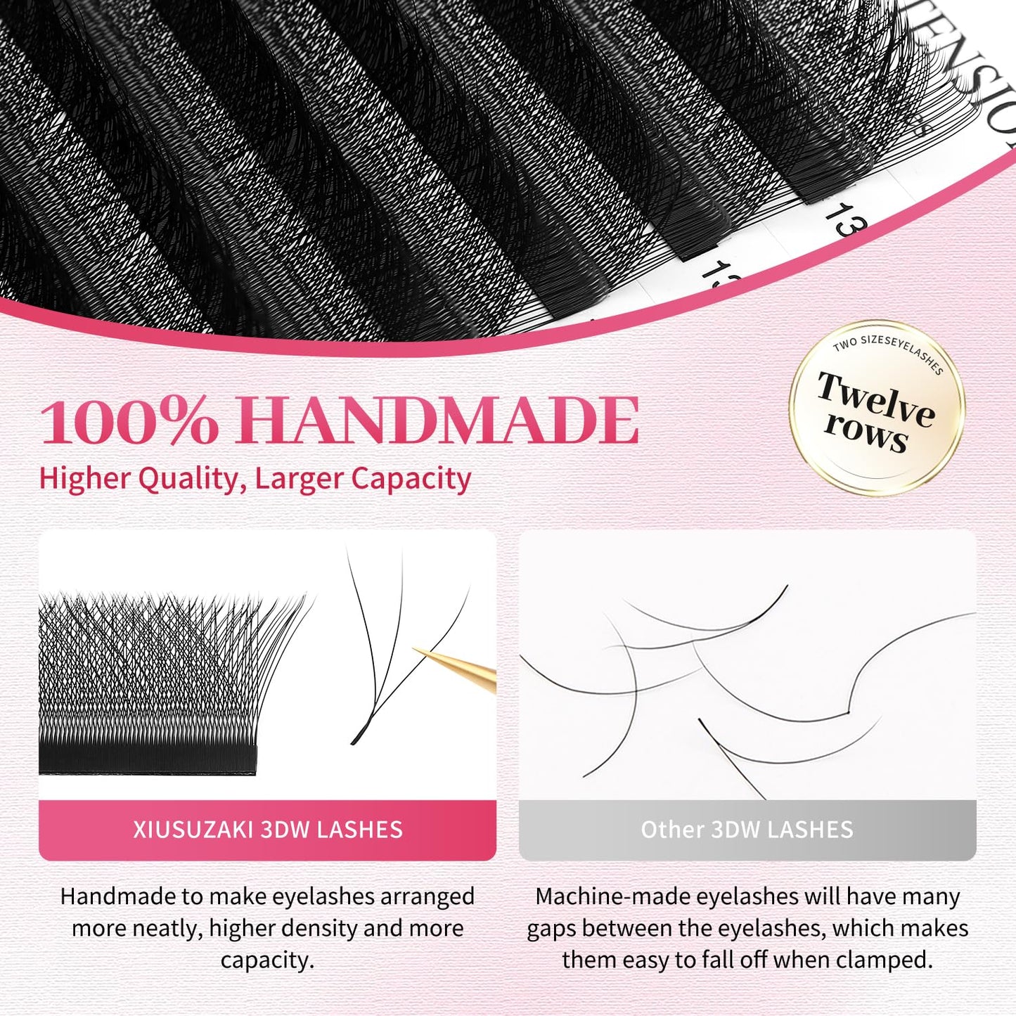 W Lash Extensions Supplies 3D Eyelash Extensions W Shape 0.07mm Thickness D Curl 9mm Premade Fans Easy Fan Lashes Volume Matte Black 12 Rows Crisscross Eye Lashes(W-3D-0.07-D,9mm)