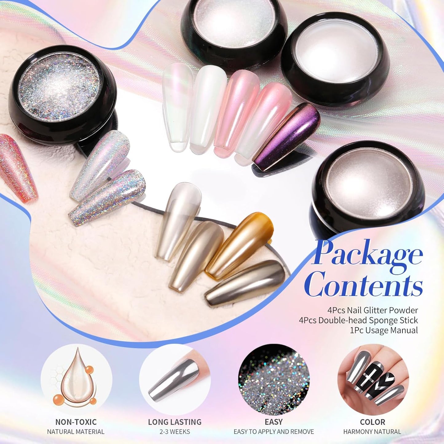 BORN PRETTY Chrome Nail Powder,White Pearl Metallic Mirror Holographic Chrome Powder for Nails,Pearl Glitter Pigment Dust Kit Nail Art Decoration Sets