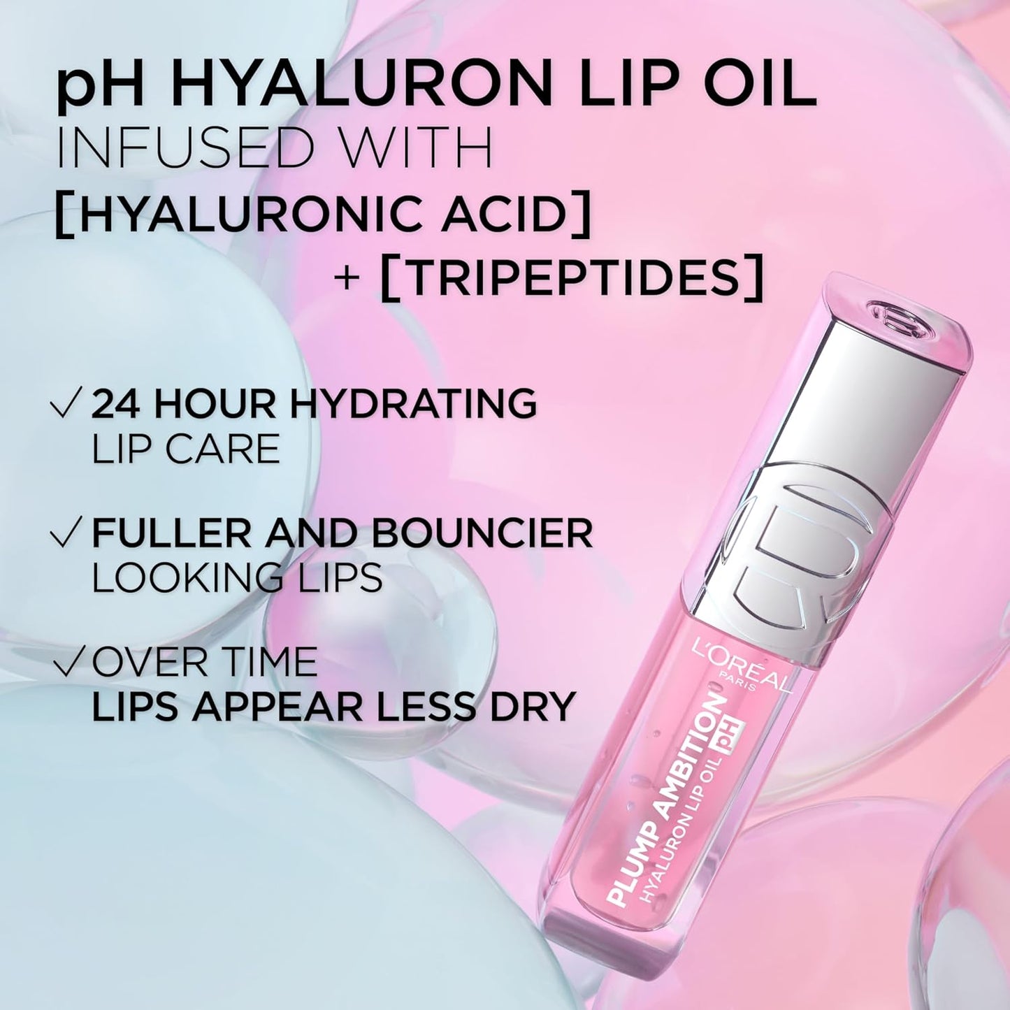 L'Oreal Paris Plump Ambition pH Hyaluron Lip Oil, Color Shifting Lip Tint with 24HR Hydration, Volumizing Shine and Lasting Color, 010 pH Cristal Ice