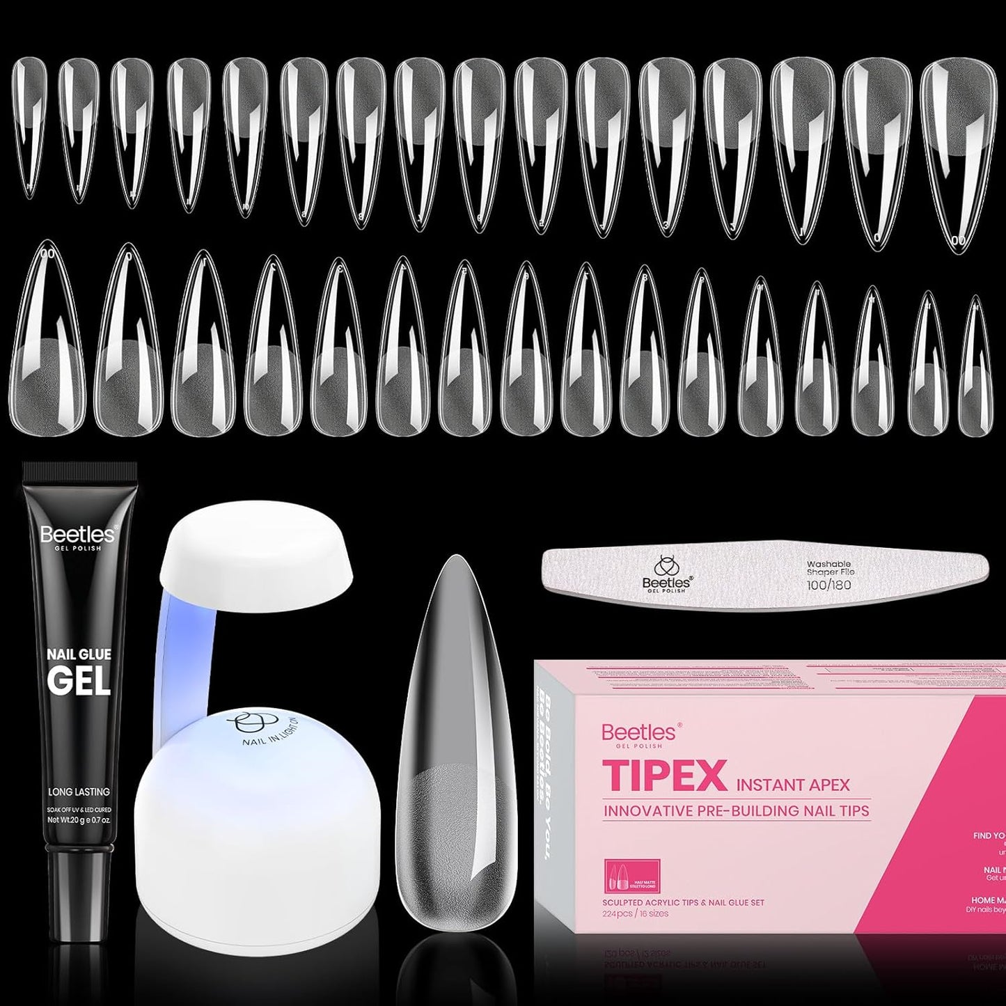 Beetles Tipex Instant Apex Nail Tips Kit Halloween Nails, Stiletto Long, 224pcs 16 Sizes, with Tipex UV Nail Glue Mini Nail Lamp,Pre-Building Pre-Etched Strong Thicker Acrylic Nail Tips Set