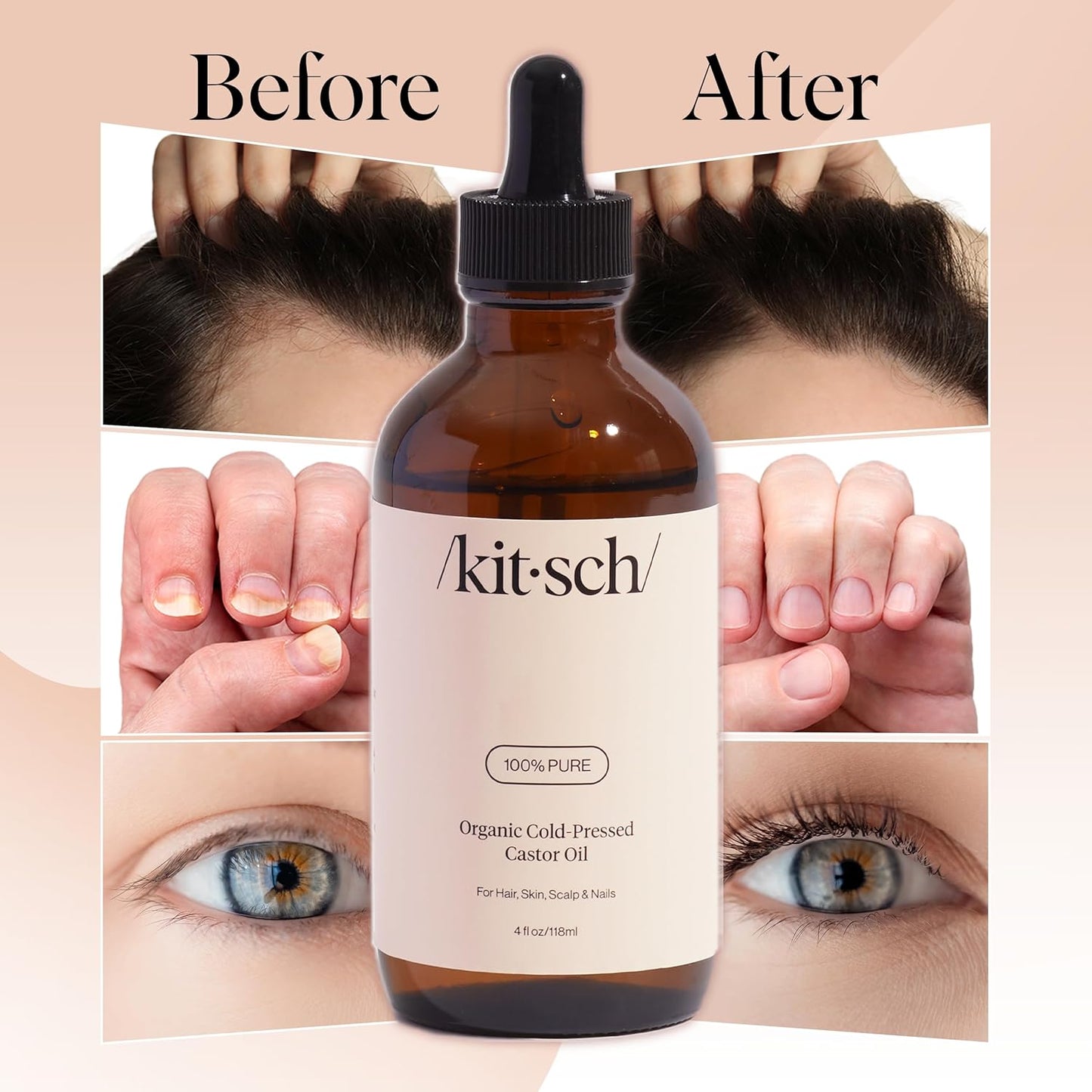 Kitsch Organic Castor Oil for Hair Growth - 100% Pure Castor Oil, Organic Cold Pressed Unrefined Glass Bottle for Face, Skin, Lashes, Brows, Scalp, Nails & Belly Button - Hexane Free, USDA - 4 oz