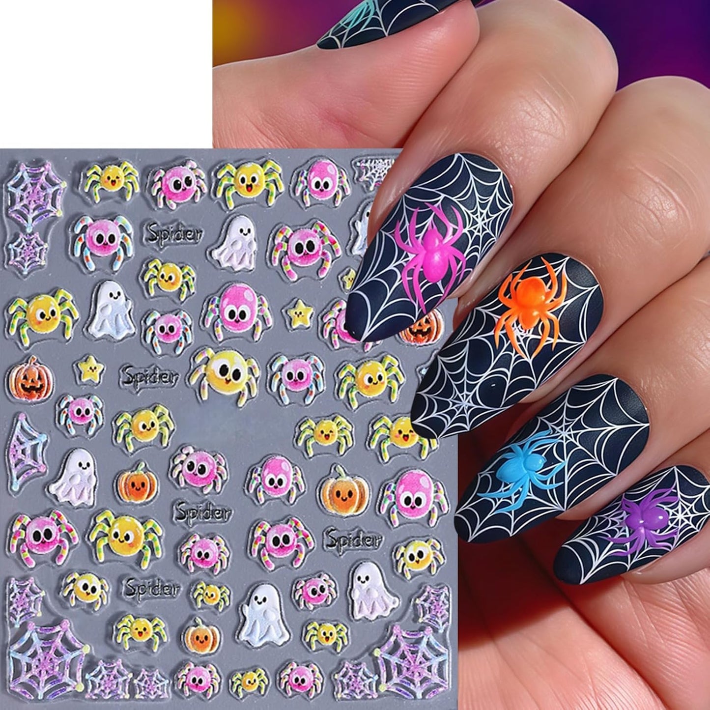 3 Sheets Halloween Nail Stickers 5D Embossed Star Moon Ghost Self-Adhesive Nail Decals Pumpkin Ghost Nail Art Stickers Spider Web Skulls Bat Nails Design Nail Supplies for Acrylic Nails Manicure Decor