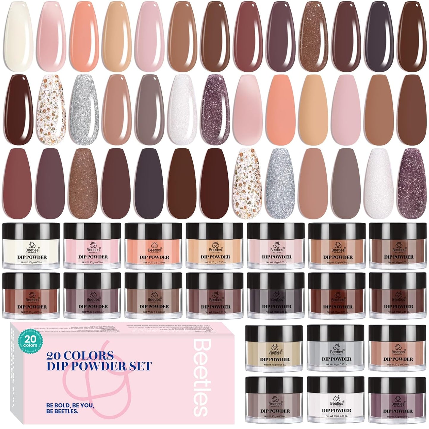 Beetles Nail Dip Powder Kit 20 Colors Nude Pink Glitter Quick Drying Dipping Powder Color Set for French Nail Art Manicure DIY Salon Gift for Women