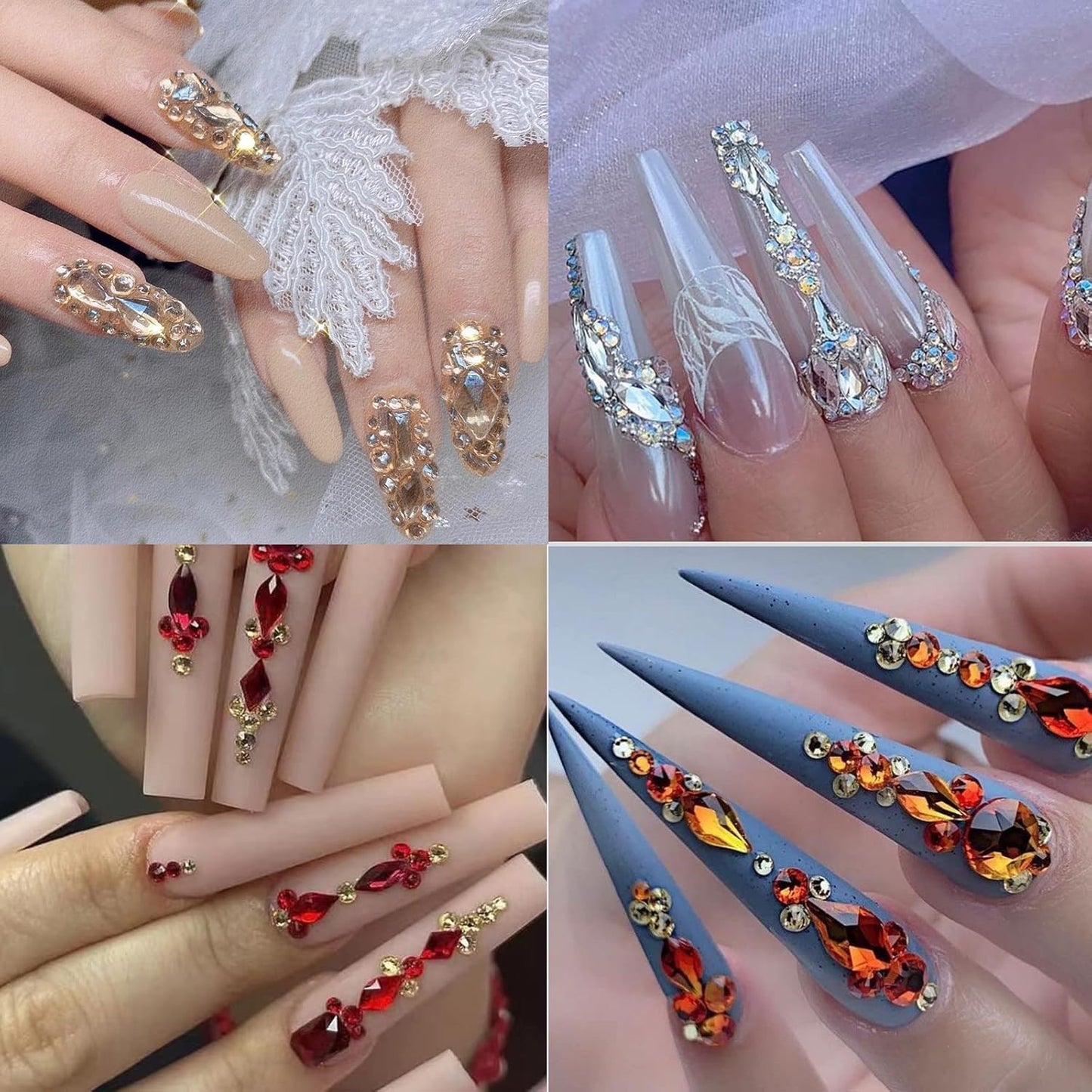 3320Pcs Champagne Nail Art Rhinestones Crystal,3D Rhinestones Gems Jewels Diamond,24 Types of 320 Diamonds + 3000 Round Beads, Crystals 3D Flat Back Gemstones for Nail DIY Crafts with Tweezers Pen