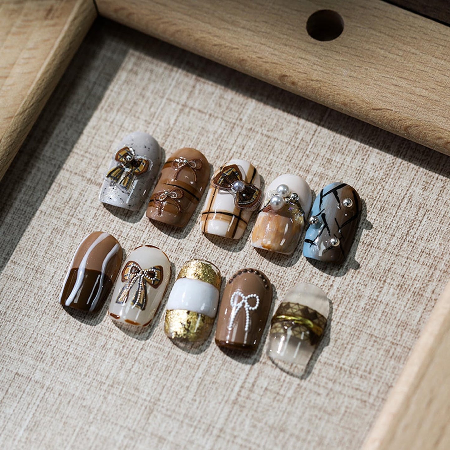 Bow Nail Stickers 5D Embossed Nail Art Decals Self-Adhesive Brown White Bows Nail Art Stickers for Women Girls Kids Nail Supplies Accessories