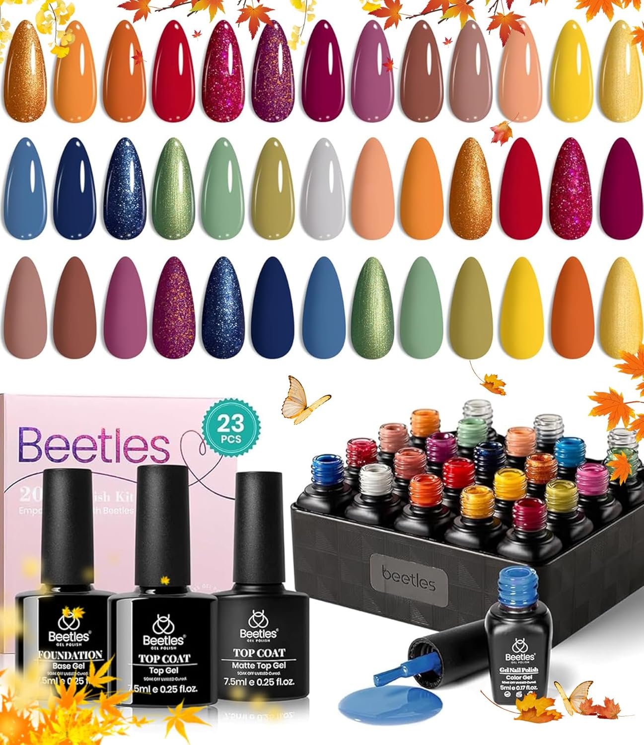 Beetles Fall Gel Polish Set, 20 Colors Orange Yellow Burgundy Red Glitter Green Shades Gel Nail Polish with Base Matte & Glossy Top Coat Soak off Manicure Gifts for Women