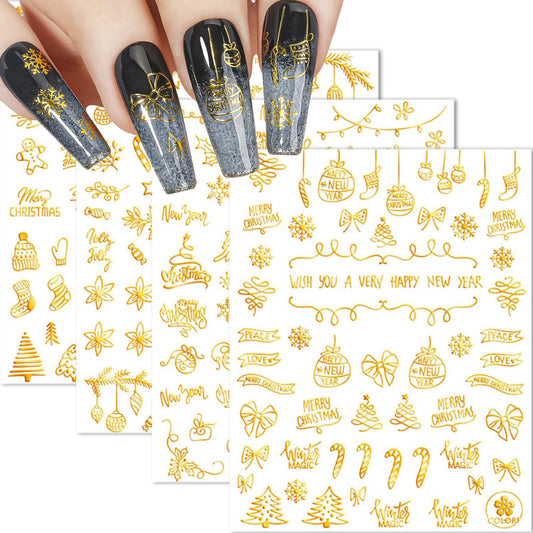 HNUIX Nail Stickers - 3D Christmas, Self Adhesive Nail Decals, Multi Pattern, Gold, 9 Sheets, for Nail Art