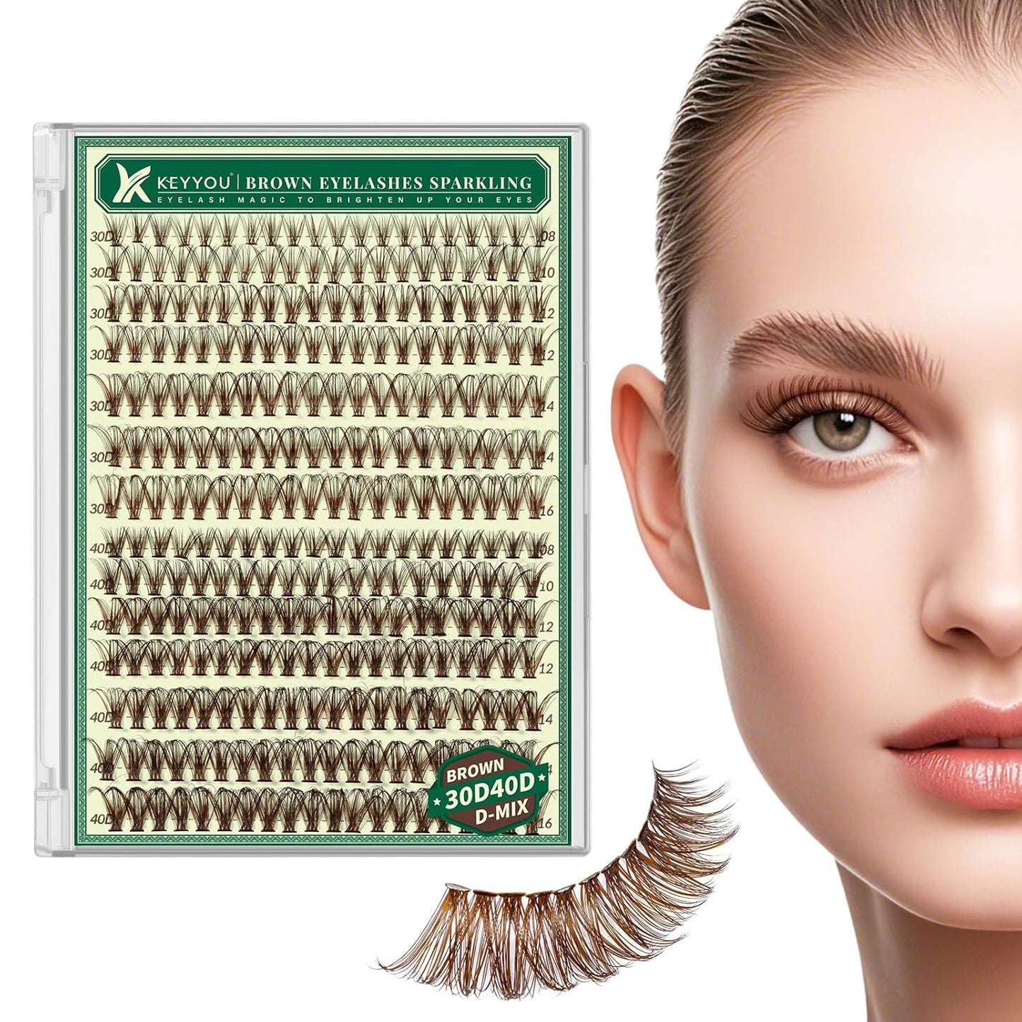 KEYYOU Brown Lash Clusters Natural Lash Extensions Wispy Eyelash Clusters 280Pcs D Curl Eyelash Extensions for Beginner Friendly Dark Lash Clusters Brown Eyelash Extensions (Brown-30D40D-D-8-16MIX）