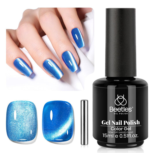 Beetles Blue Cat Eye Gel Polish, 15ML Blue Cat Eye Glitter Gel Polish with Magnet Soak Off UV Shimmer Velvet Gel Stellar Blue Series French Nail Art Manicure Gifts for Women