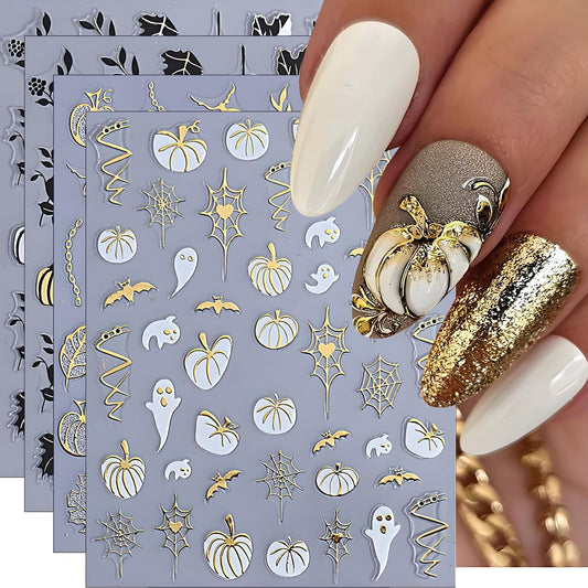 Halloween Nail Art Stickers, Glitter Pumpkin Ghost Nail Art Decals 3D Self-Adhesive Whit Gold Heart Spider Web Bat Black Leaf Nail Design 8Pcs Halloween Nail Art Supplies for Women Nail Decoration