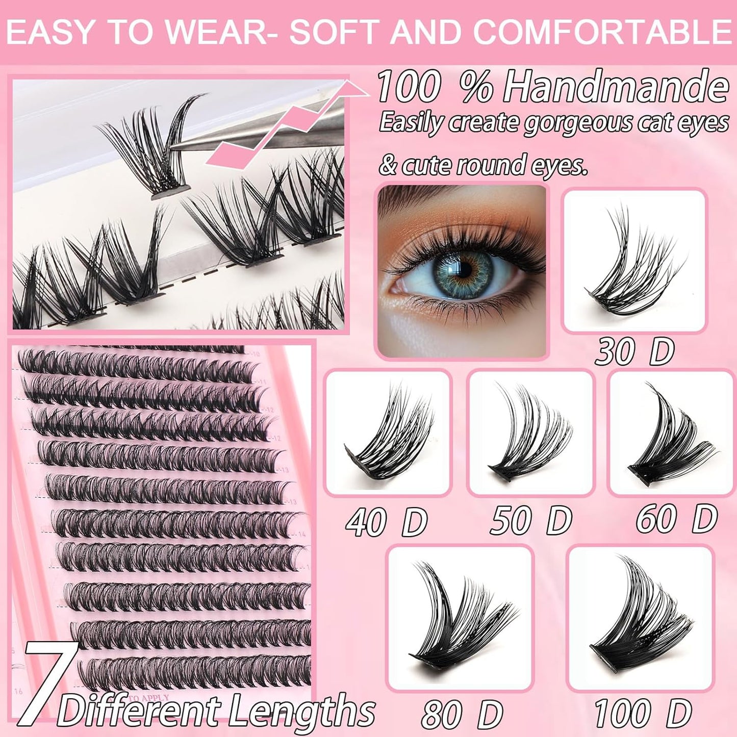 Lash Clusters Kit, Eyelash Clusters Individual Lash Extension Kit 480 Pcs D Curl Flufffy Wispy False Eyelashes Extensions Thin Band with Bond Seal Tweezers Brush Remover (60D+80D Kit 9-16mm)