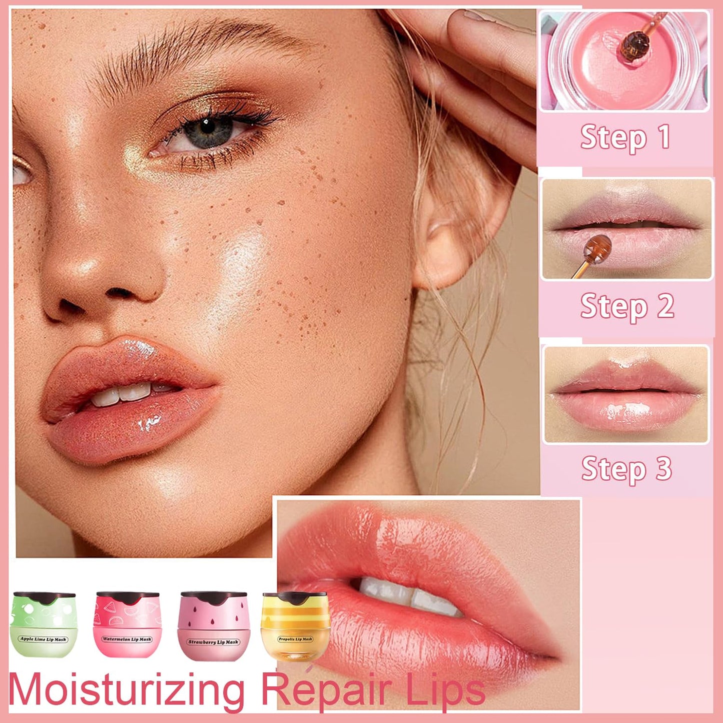 4 PCS Bee Lip Balm Honey Pot, Honey Strawberry Watermelon Apple Sleeping Lip Mask Overnight with Sticks, Exfoliating Prevention Dry and Crack Lip Scrubs
