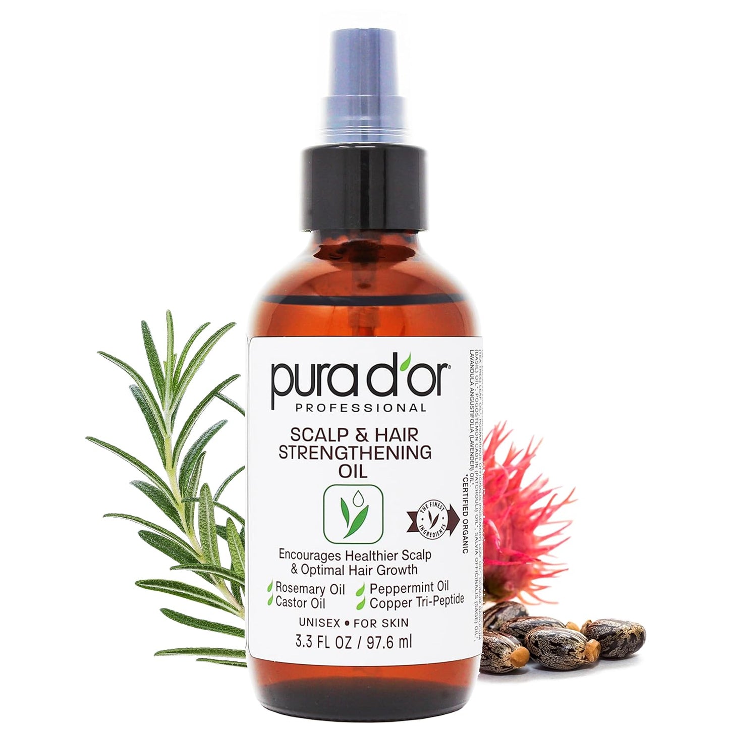 PURA D'OR 3.3 Oz Scalp & Hair Strengthening Oil - Supports Optimal Growth, Reduce Breakage, Nourish Roots for Healthier, Fuller, Thicker Hair - Rosemary, Castor & Peppermint Oil for Stronger Strands