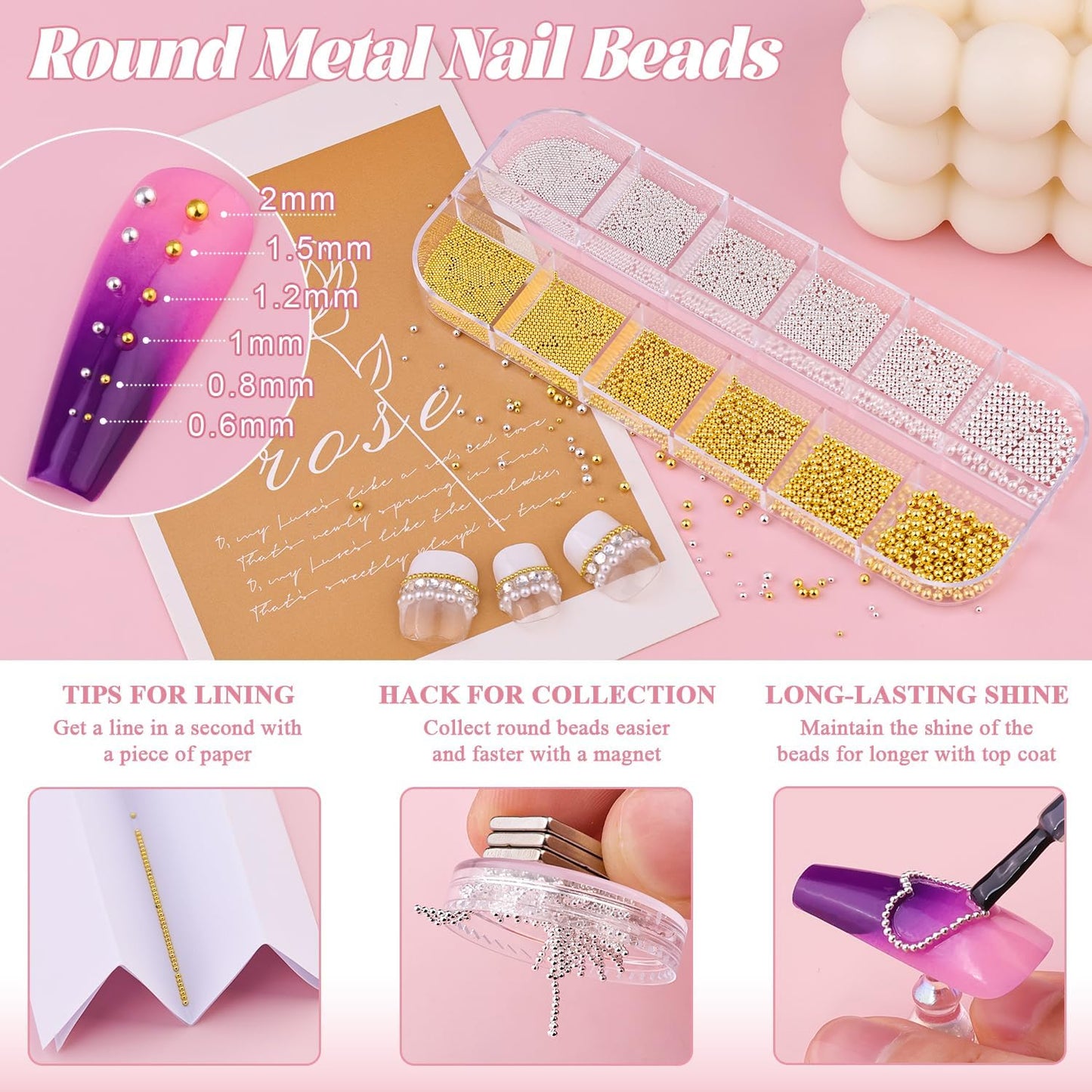 2 Boxes Flatback Pearls (White) and Metal Nail Beads (Silver+Gold) with Rhinestones Glue Gel for Nail Art, Pearl Nail Charms and Small Round Caviar Beads Nail Accessories for Manicure Decor