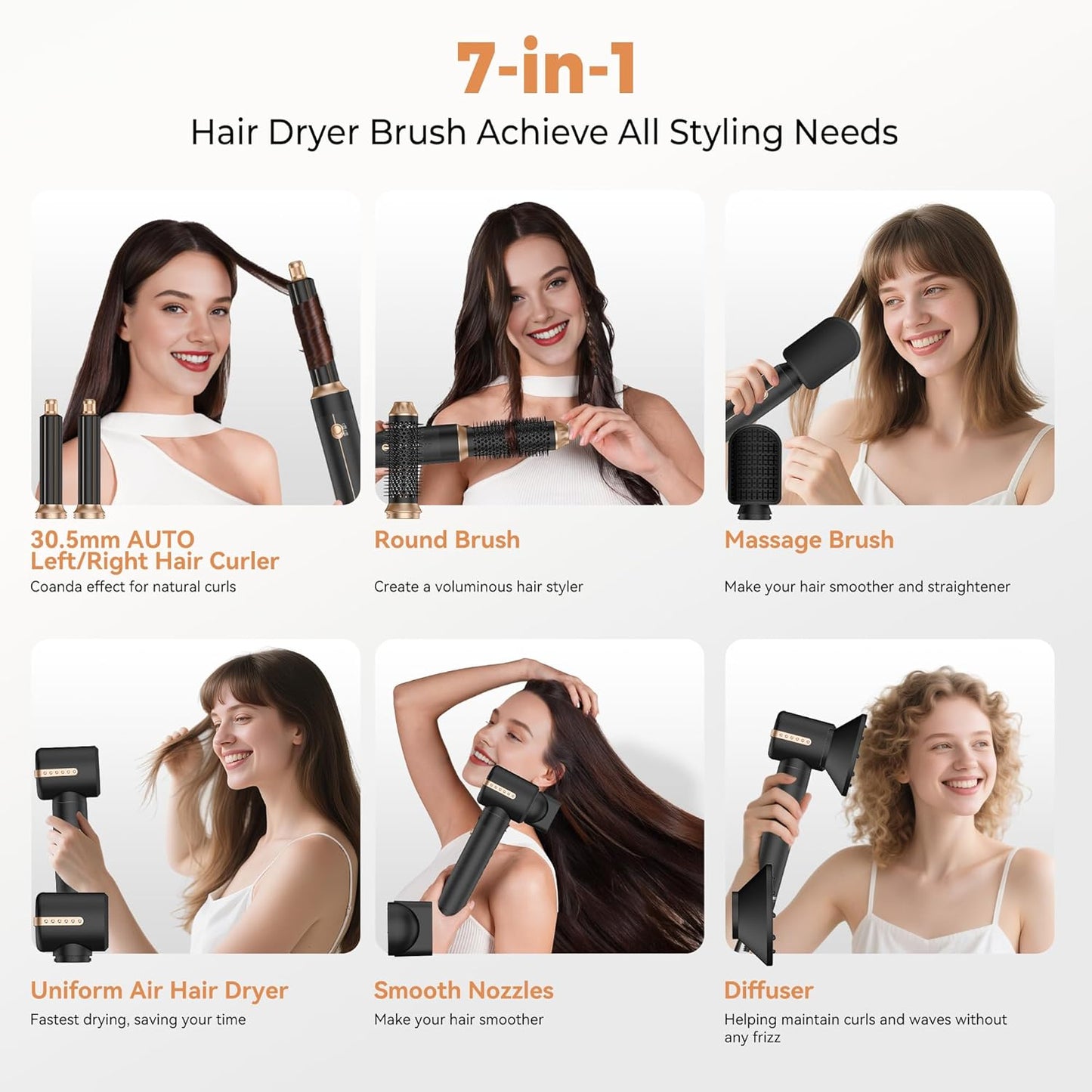 7 in ONE Hair Dryer Brush, Powerful Blow Dryer Brush with Auto- Wrap Curler, Detachable Fast Drying, Volumizing, Curling, Straightening, Ionic Hair Dryer with Diffuser, Hair Styling Tools 100-120V