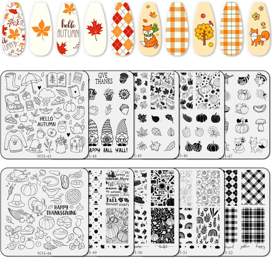 Whaline 10 Sheet Fall Nail Art Stamping Plates Kit Happy Thanksgiving Pumpkins Maple Leaf Gnome Plaid Autumn Blessings Collection Nail Art Plate for Autumn Thanksgiving Nail Art Design DIY Print