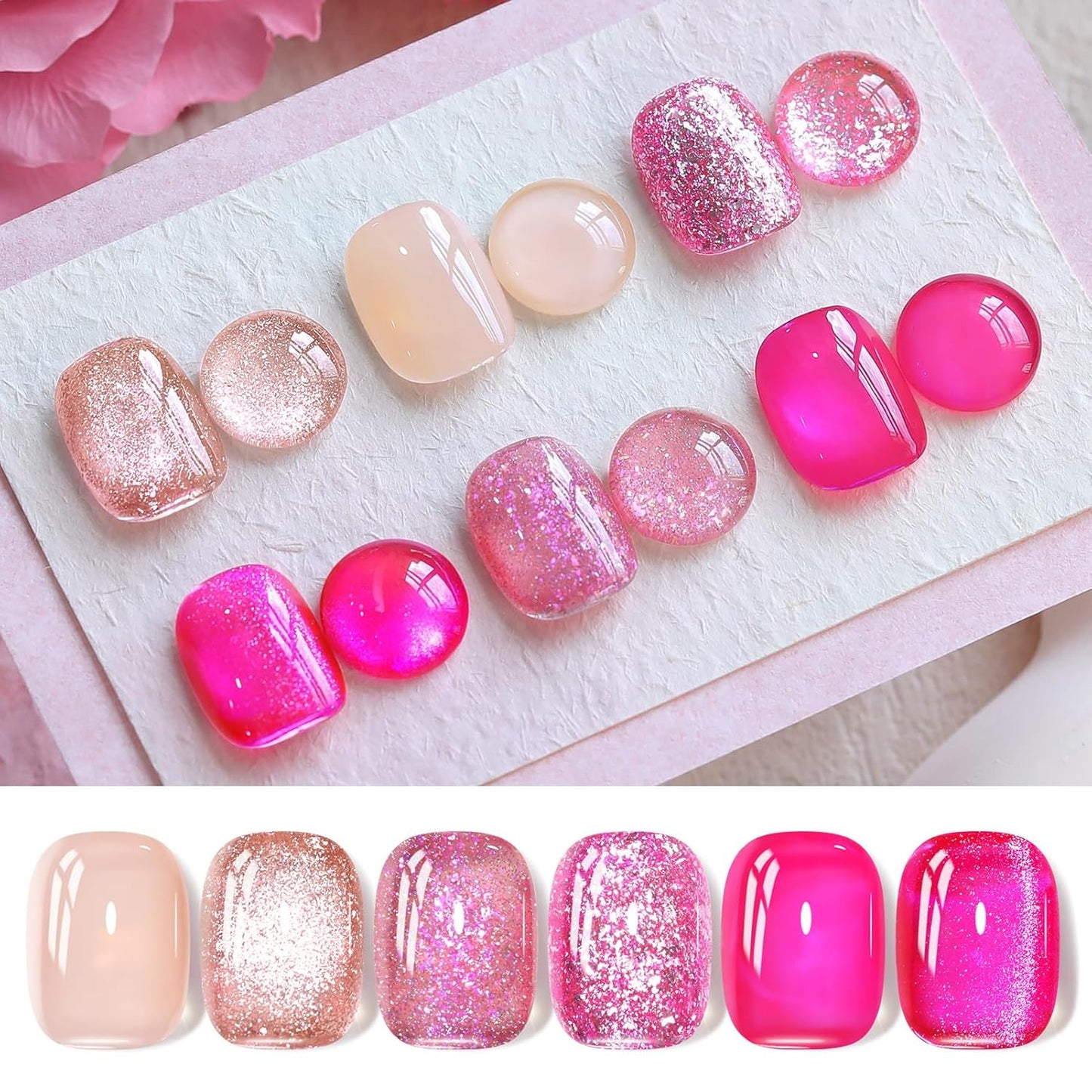 Born Pretty Gel Nail Polish Pink Series,Jelly Transparent Gel Polish, Cat Magnetic Eye,Holographic Glitter Hot Pink Nude Gel Polish for Salon Manicure and Nail Art DIY at Home 6 Colors