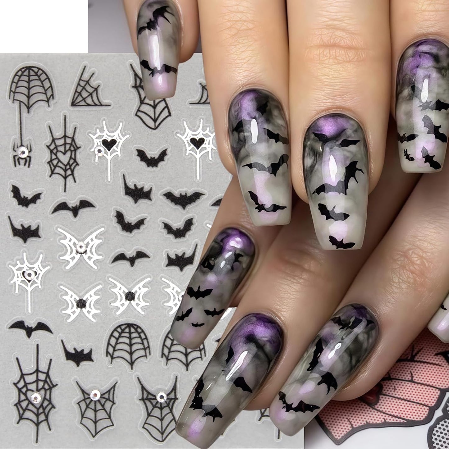 8Sheets Halloween Nail Stickers for Nail Art Black White Spider Web Nail Decals Black Pink Stars Love Rhinestones Spider Design Nail Supplies Bats Nail Art Stickers for Women DIY Manicure Decorations