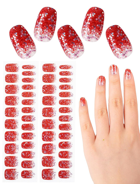 48 Pcs Semi Cured Gel Finger Nail Art Stickers Design Wraps No UV Light Needed Nail Polish Strips Kit for Women with Nail Files and 2 Nail Wiping Blocks (Red)(Red)
