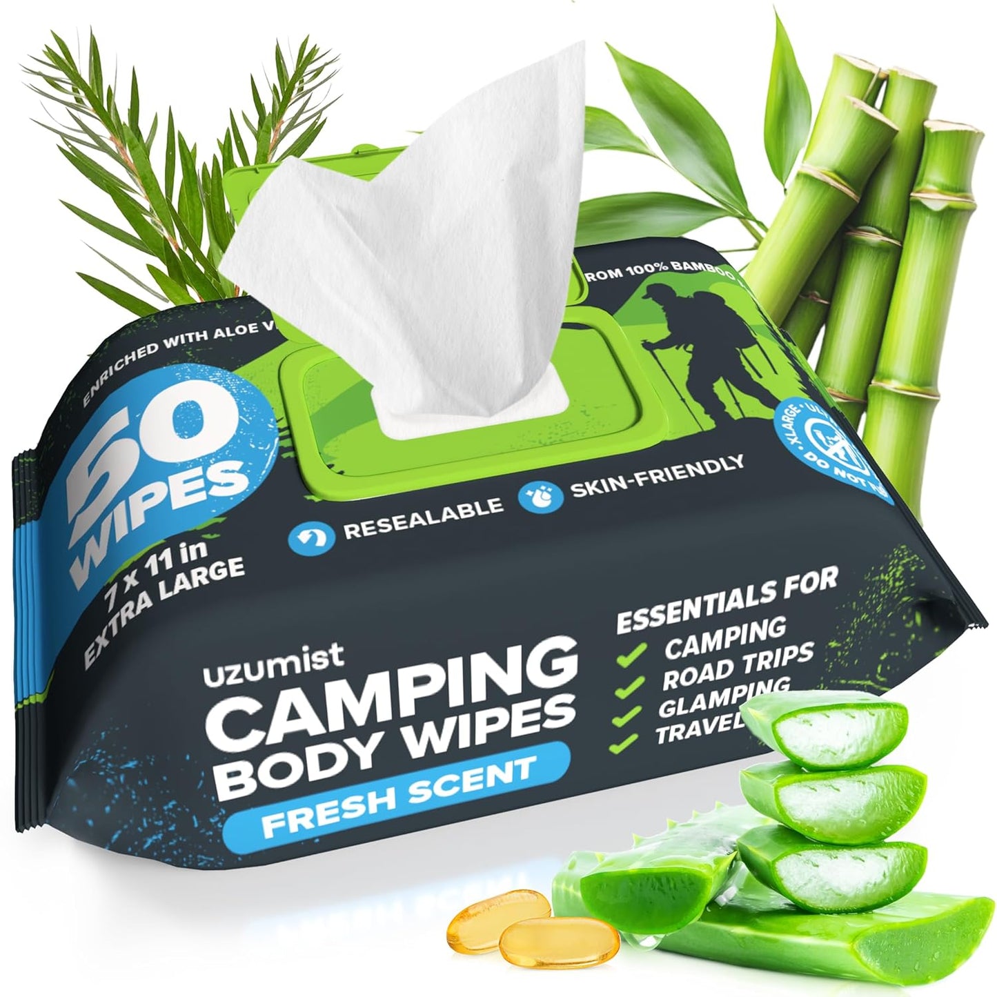 Camping Essentials - Body Wipes for Camping Adults Bathing No Rinse - 50 XL Deodorant Bathing Shower Wipes For Men Women - Disposable Washcloths & Personal Cleansing - Travel, Workout