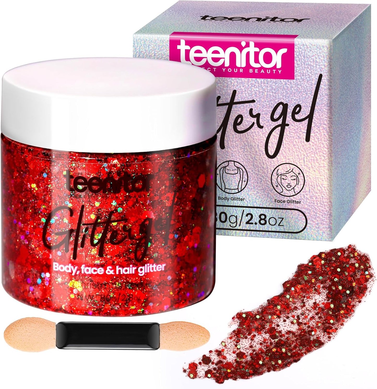 Teenitor Body Glitter, Red Body Glitter Gel, Hair Glitter, Face Glitter, 80g/2.8oz Red Glitter Gel for Face, Makeup, Hair, Eye
