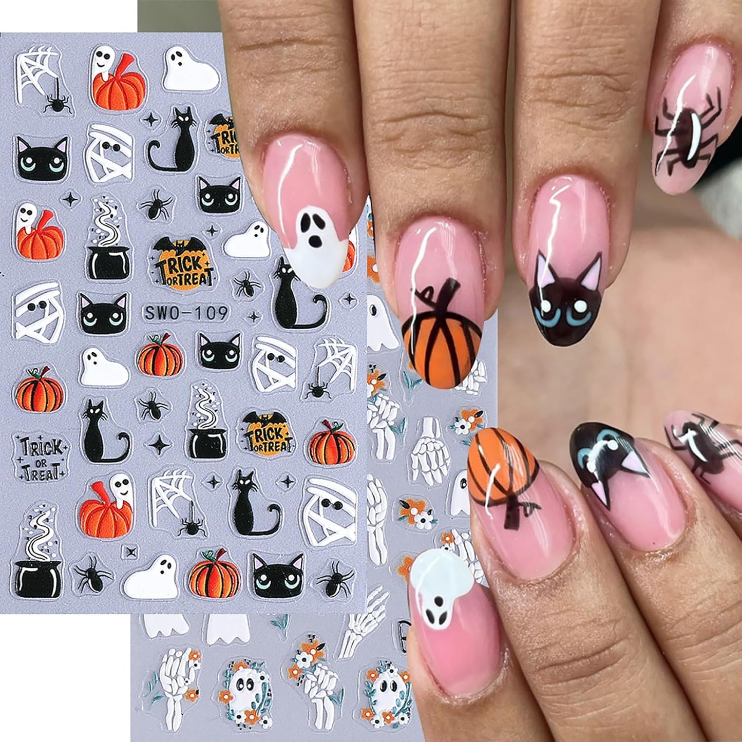 Halloween Nail Stickers 5D Spooky Nail Decals 4PCS Self-Adhesive Black Cat Pumpkins Spider Web Ghost Skeleton Hand Skull Design Gothic Halloween Nail Art Supplies for Women Holiday Nail Decorations