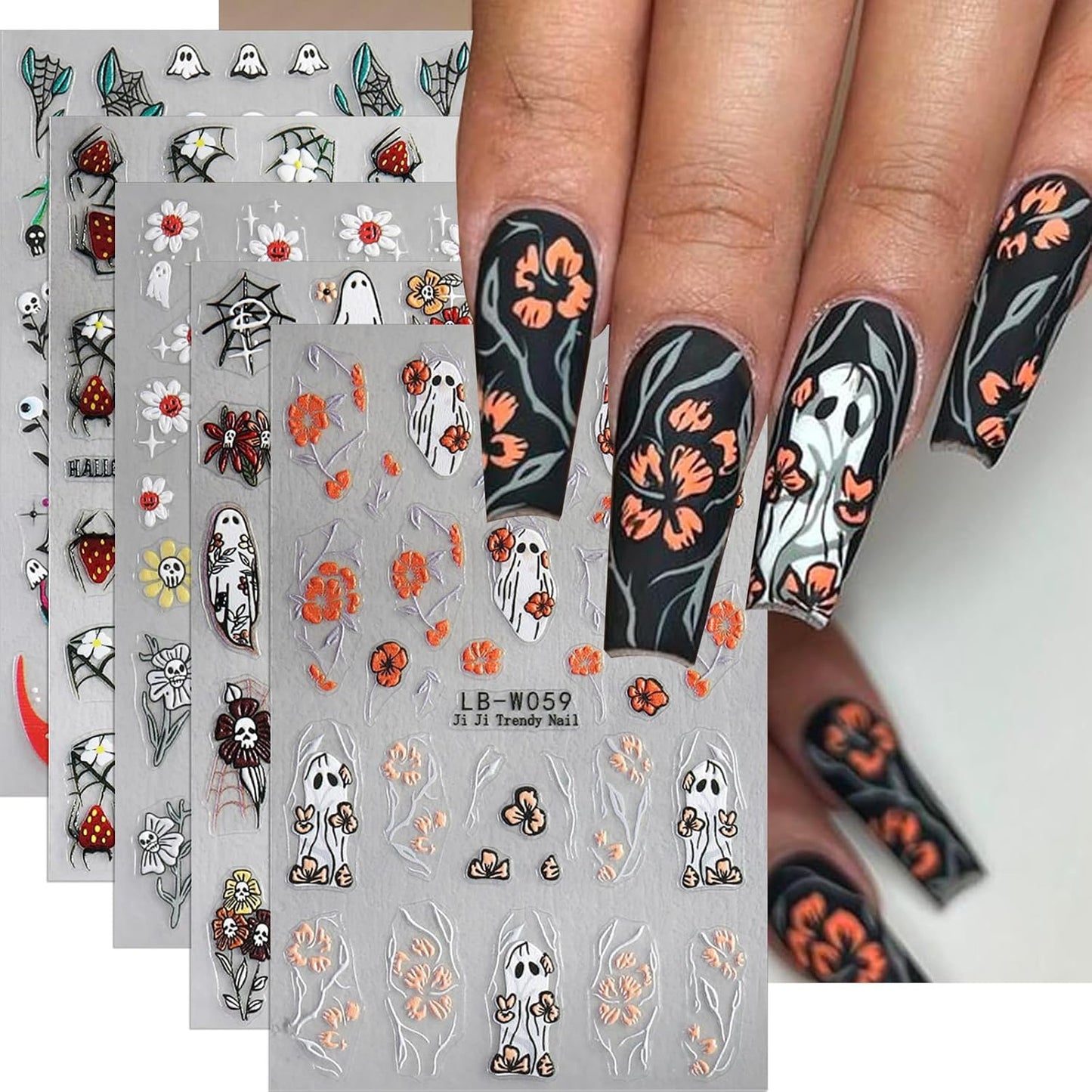 Ghost Nail Stickers 5D Embossed Halloween Nail Decals 5PCS Self-Adhesive Flower Spider Web Ghost Skull Nail Design Sticker Gothic Nail Art Supplies Accessories Cute Spooky Nail Art Stickers for Women