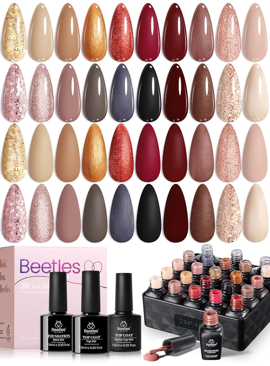 Beetles Gel Nail Polish Set - 20 Colors Warm Mist Fall Gel Nail Kit Burgundy Brown Nude Gold Glitter Gray Shimmer Soak Off Long Lasting with Base & Top Coat Home DIY Salon Nail Art Gift Set for Women