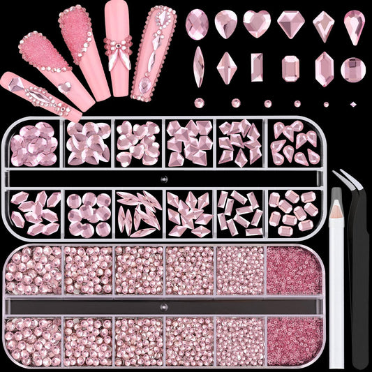 2680Pcs Pink Glass Nail Rhinestones 120Pcs Multi Shapes Flatback Nail Gems + 2560Pcs 1.5-4mm Round Crystal, Manicure Nail Charms Diamond Gemstones for Acrylic Nails Decoration